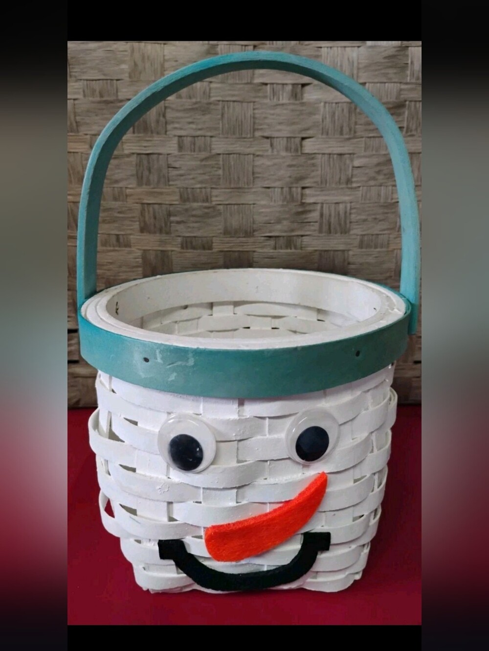 Snowman Decorated Wicker Basket Approx. 7x7x5 1/2 With Handle